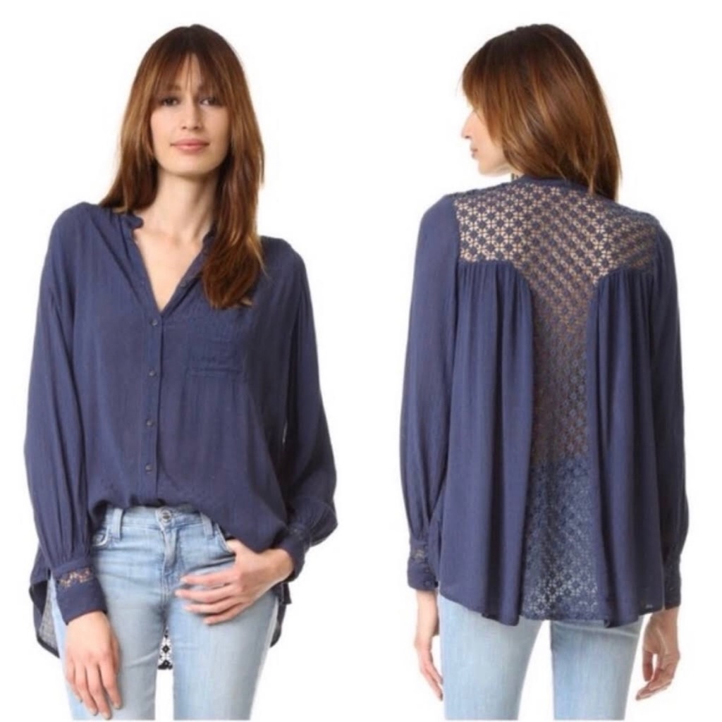 Free People Blue The Best Lace Button Down Bohemian Long Sleeve Shirt Size M